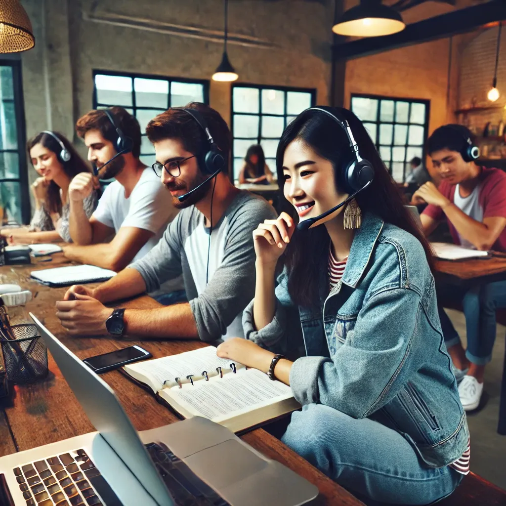 DALL·E 2024-10-02 18.12.43 - A casual and relaxed scene showing people practicing for an English fluency test..webp
